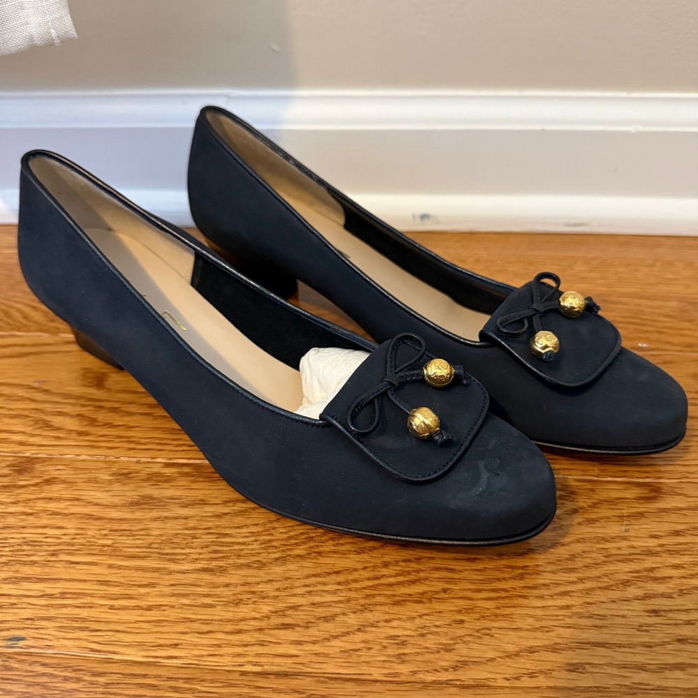 Salvatore Ferragamo Black Leather Low Heel Pumps with Gold Accent